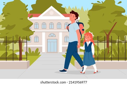 Happy father and cute little student go to school vector illustration. Cartoon parent with backpack and pupil kid in uniform walk on city road together background. Back to school, education concept