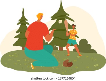 Happy father dad and child son playing together rugby at nature park in summer, fatherhood isolated vector illustration. Fathers day celebration, relationship of patents and children, caring daddy.