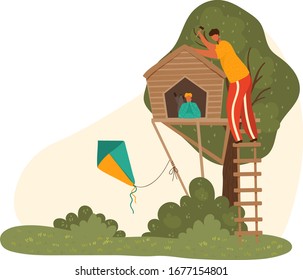 Happy father dad and children together at nature park in summer building toy house on tree for kids, fatherhood isolated vector illustration. Fathers and children relationship, caring daddy.