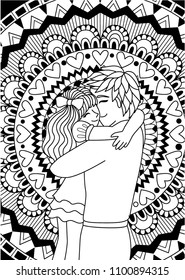 Happy father and daught line art design for card design and adult coloring book page. Vector illustration
