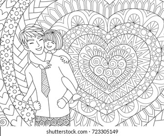 Happy father and daught line art design for card design and adult coloring book page. Vector illustration