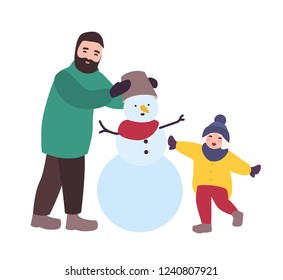 Happy father and daughter building snowman. Parent and child having fun together. Winter family activity. Adorable cartoon characters isolated on white background. Colorful flat vector illustration.