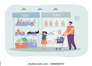 Happy father and daughter buying food in supermarket flat vector illustration. Cartoon dad wheeling shopping cart. Girl taking vegetable from aisle. Grocery store and parenthood concept