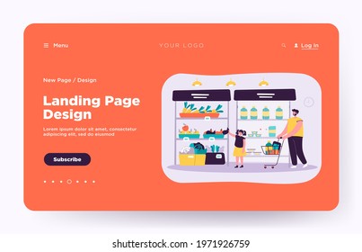 Happy father and daughter buying food in supermarket flat vector illustration. Cartoon dad wheeling shopping cart. Girl taking vegetable from aisle. Grocery store and parenthood concept