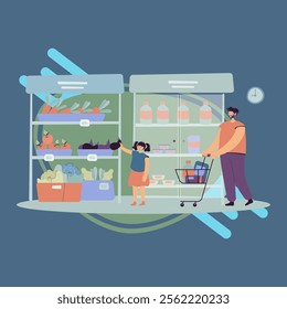 Happy father and daughter buying food in supermarket flat vector illustration. Cartoon dad wheeling shopping cart. Girl taking vegetable from aisle. Grocery store and parenthood concept