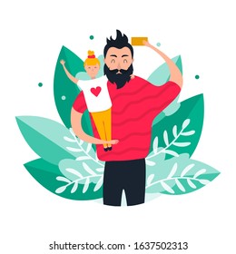 Happy father with daughter doing selfie on big leaf background. Child loves best daddy in the World. Young cute man holding a girl. Dad using smartphone. Vector Illustration 