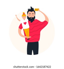 Happy father with daughter doing selfie. Child loves best daddy in the World. Young cute man holding a girl. Dad using smartphone. Vector Illustration 