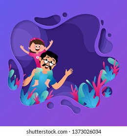 Happy father and daughter duo on purple layer cut background for Happy Father day holiday template or flyer design.