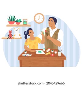 Happy father and daughter enjoying painting at home, flat vector illustration. Dad and kid having fun spending time together. Parent child relationship, fatherhood and parenting. Father day activity.
