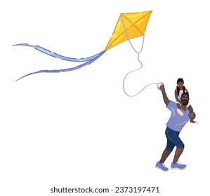 Happy father and daughter flying kite on white background
