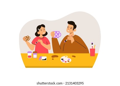 Happy father and daughter glazing ceramic mugs in pottery studio. Workshop, creative hobby and art therapy concept. Modern flat vector illustration