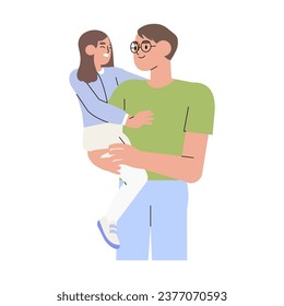 Happy father and daughter meeting hugging and spend time together. Cute family scene. Kid sit on daddy arms. Flat vector cartoon illustration isolated on white background. Happy Fathers Day.