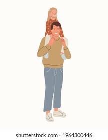 Happy father with daughter on his shoulders. Father and daughter flat vector illustration. Happy family. Fathers Day.
