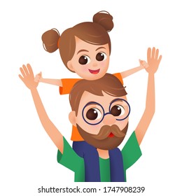 Happy father with a daughter on shoulder. Happy Father's day card design. Isolated vector