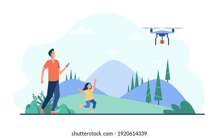 Happy father with daughter playing with quadcopter. Toy, nature, game flat vector illustration. Summer activity and fatherhood concept for banner, website design or landing web page