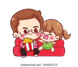 Happy father and daughter with popcorn watching tv at home cartoon illustration
