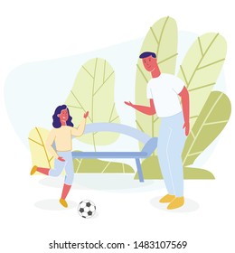 Happy Father and Daughter Rest Playing Ball in Cartoon Park. Dad Training Young Female Football Player. Family Sport and Hobby. Active Recreation. Summer Vacation. Vector Activities Flat Illustration