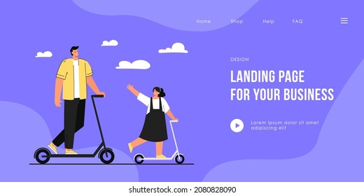 Happy father and daughter riding scooters. Sky, clouds in background. Dad and little girl walking, spending time together flat vector illustration. Parenthood, activity, togetherness concept.