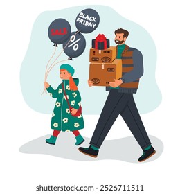 Happy father and daughter walking from a sale.Parent carries boxes with goods and  gift in his hands.Girl holding balloons with handwritten.Design in flat color style.Black Friday vector illustration.