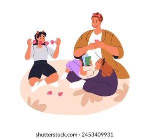 Happy father and daughters spending time together. Dad and girls kids playing at home. Joyful family fun, daddy parent and children at leisure. Flat vector illustration isolated on white background