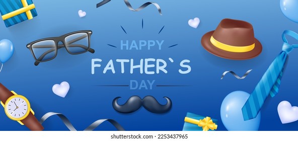 Happy father day banner in 3d realistic modern design. Mustache, glasses, blue tie, watch, ribbons, balloons and gifts, holiday elements at horizontal template poster. Vector illustration for web