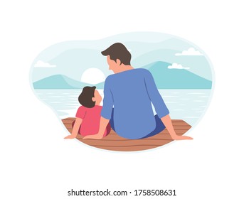 happy father day card concept, father and son talking at the sea shore 
looking sunset concept greeting card flatVector 