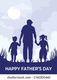 happy father day card concept, father and his children silhouette flat greeting card Vector