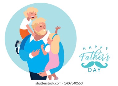 happy father day card with dad and children