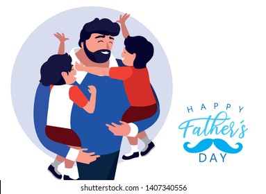 happy father day card with dad and children