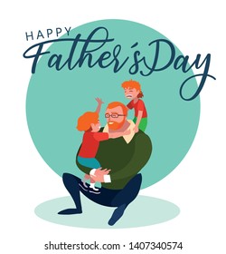 happy father day card with dad and children