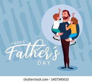 happy father day card with dad and children