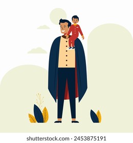 Happy Father Day Celebration with Character of Dad as Superhero Hero Holding His Son