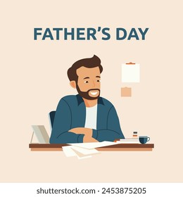 Happy Father Day Celebration with Character of Dad Working in Office for Family