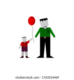 Happy father day, character father and son holding a balloon.