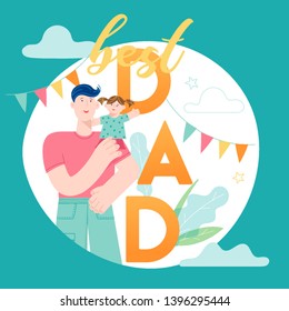Happy Father Day concept card with Smiling Dad Character holding Child. Vector modern trendy illustration for cover, holiday banner, sale background