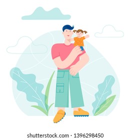 Happy Father Day concept card with Smiling Dad Character holding Child. Vector modern trendy illustration
