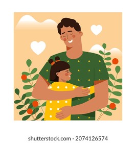 Happy Father Day concept. Young smiling man embraces his little daughter. Dad loves child and takes care of him. Colorful design element for greeting card. Cartoon modern flat vector illustration