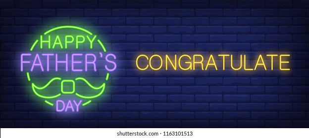 Happy father day, congratulate neon text with moustache. Greeting, celebration or advertisement design. Night bright neon sign, colorful billboard, light banner. Vector illustration in neon style.