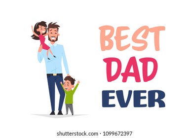 happy father day family holiday, man dad hold daughter and son greeting card flat