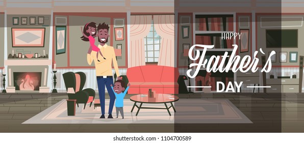 happy father day family holiday, african man dad hold daughter and son in living room greeting card flat