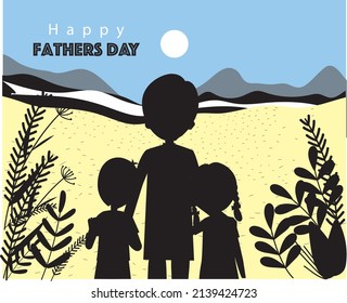 happy father day family holiday daughter and son hold dad hand stand back looking sunset concept greeting card flat-01