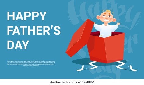Happy Father Day Family Holiday, Small Son In Present Box Greeting Card Flat Vector Illustration