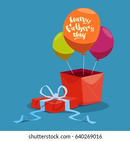 Happy Father Day Family Holiday, Present Box And Air Balloon Greeting Card Flat Vector Illustration