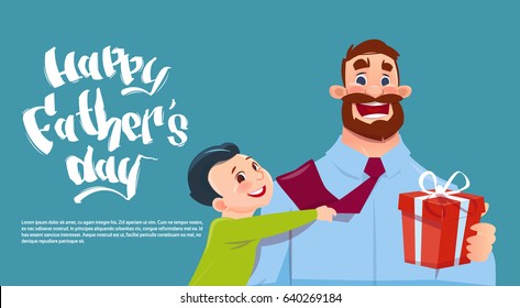 Happy Father Day Family Holiday, Son Embracing Dad Holding Present Box Greeting Card Flat Vector Illustration