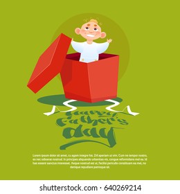 Happy Father Day Family Holiday, Small Son In Present Box Greeting Card Flat Vector Illustration