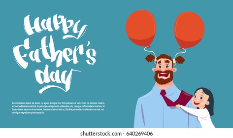Happy Father Day Family Holiday, Daughter And Son Embracing Dad Greeting Card Flat Vector Illustration
