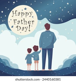 Happy Father day flat illustration with dad and son standing together from back , holding hands and looking at the sky