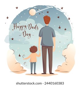 Happy Father day flat illustration with dad and son standing together from back , holding hands and looking at the sky