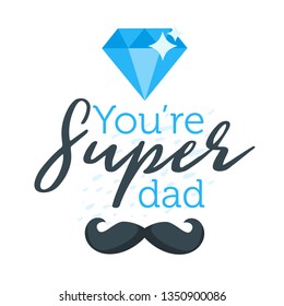 Happy father day greeting card template with blue diamond and mustaches. Vector illustration.