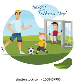 Happy Father Day Greeting Card. Cartoon Family Play Football Game Vector Illustration. Dad Son Soccer Player. Man Kick Ball Boy Run. Sport Activity Training. Summer Leisure Outdoors